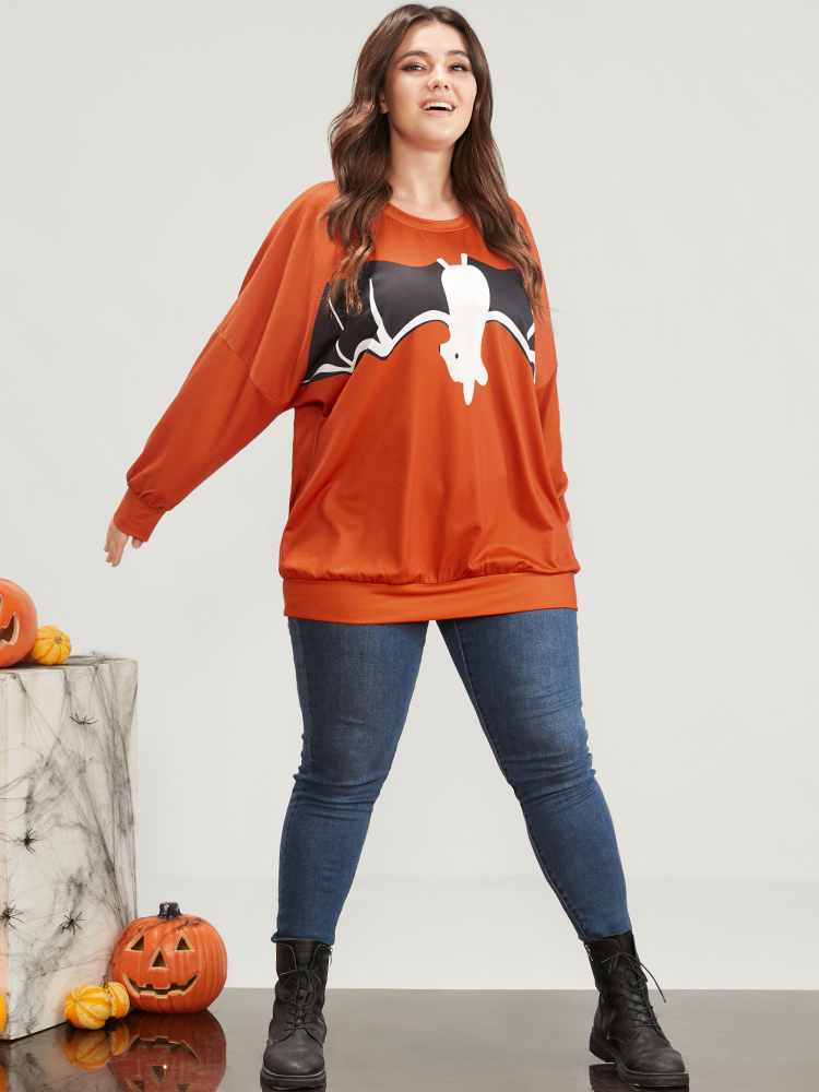 

Plus Size Halloween Bat Print Round Neck Drop Shoulder Sweatshirt Women Orange Casual Printed Round Neck Festival-Halloween Sweatshirts BloomChic