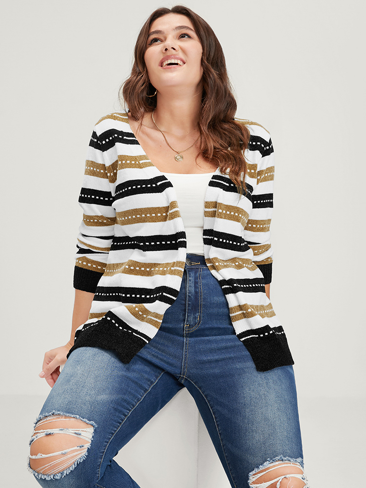 

Plus Size Striped Contrast Pointelle Knit Jacquard Open Front Cardigan Multicolor Women Casual Long Sleeve Dailywear Cardigans BloomChic