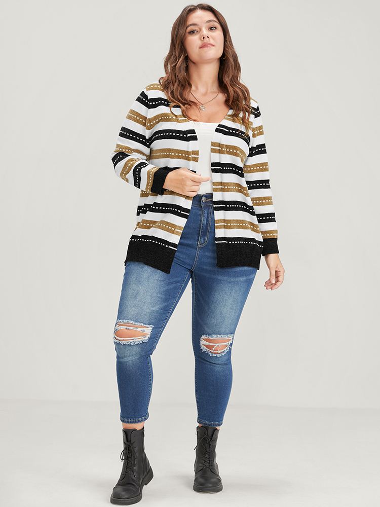 Striped Contrast Pointelle Knit Jacquard Open Front Cardigan BloomChic 