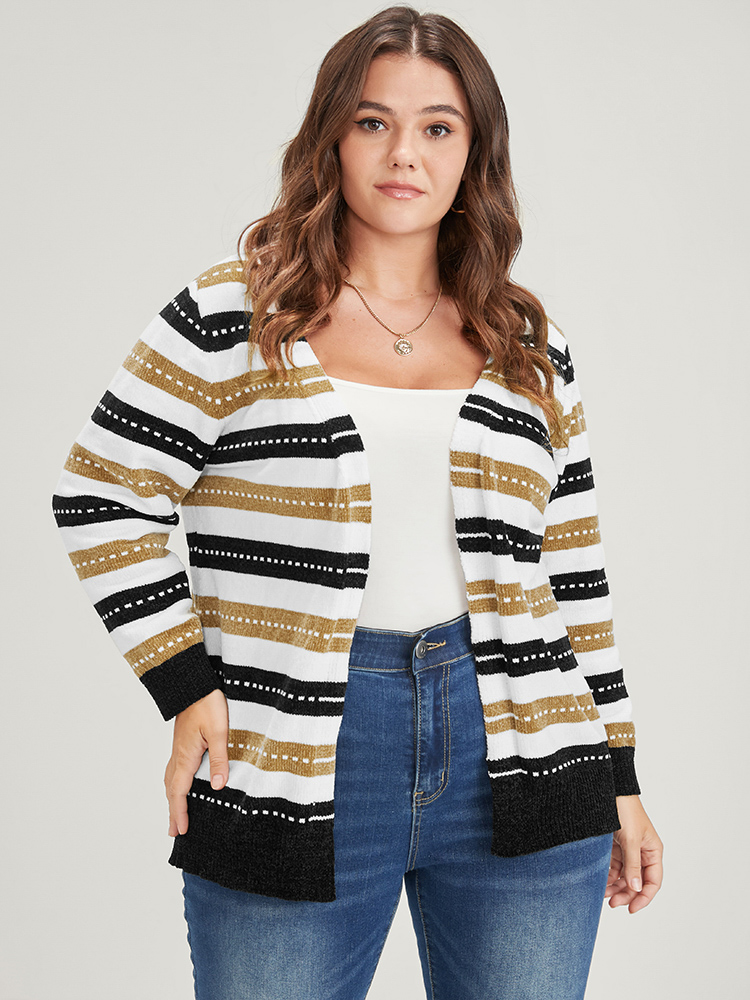 Striped Contrast Pointelle Knit Jacquard Open Front Cardigan BloomChic 