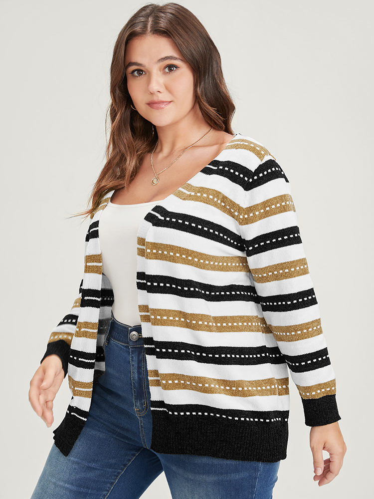 Striped Contrast Pointelle Knit Jacquard Open Front Cardigan BloomChic 