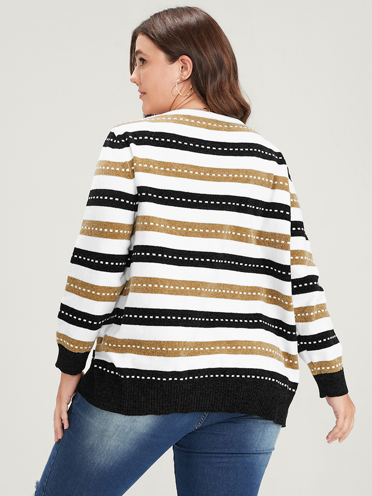 Striped Contrast Pointelle Knit Jacquard Open Front Cardigan BloomChic 