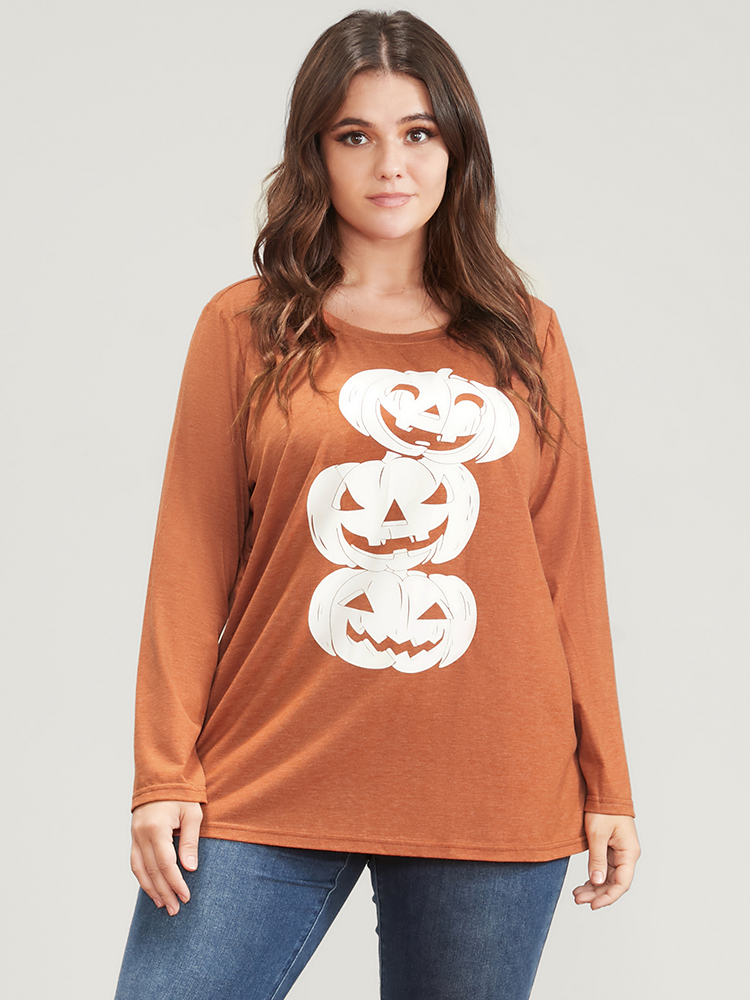 

Plus Size Pumpkin Print Long Tee Chocolate Women Casual Printed Graphic-Halloween Round Neck Dailywear T-shirts BloomChic