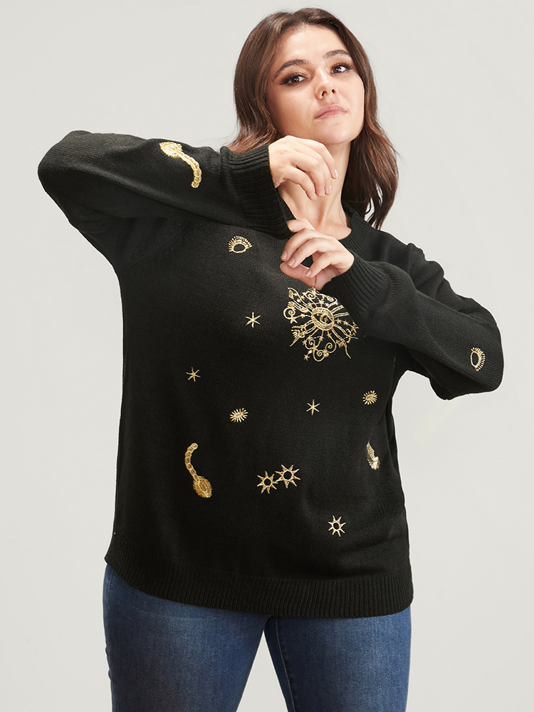 

Plus Size Halloween Moon And Star Pointelle Knit Embroidered Knit Top Black Women Casual Loose Long Sleeve Round Neck Festival-Halloween Pullovers BloomChic