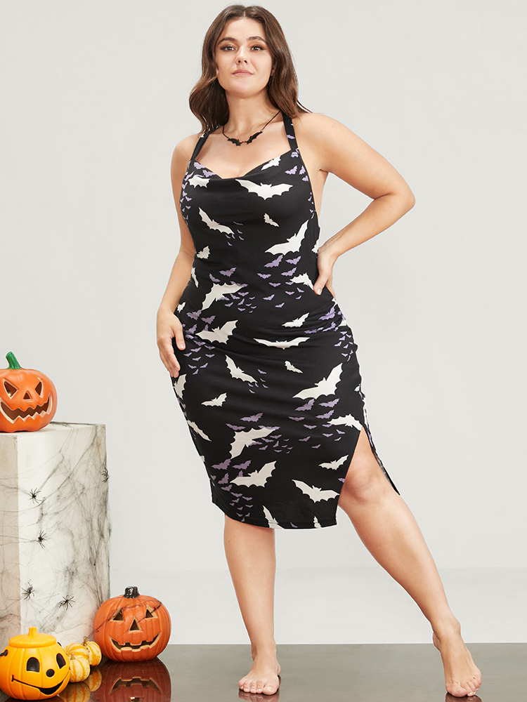 

Plus Size Halloween Crisscross Backless Split Hem Cami Dress Black Sleeveless Spaghetti Strap Glamour Going out  Bloomchic