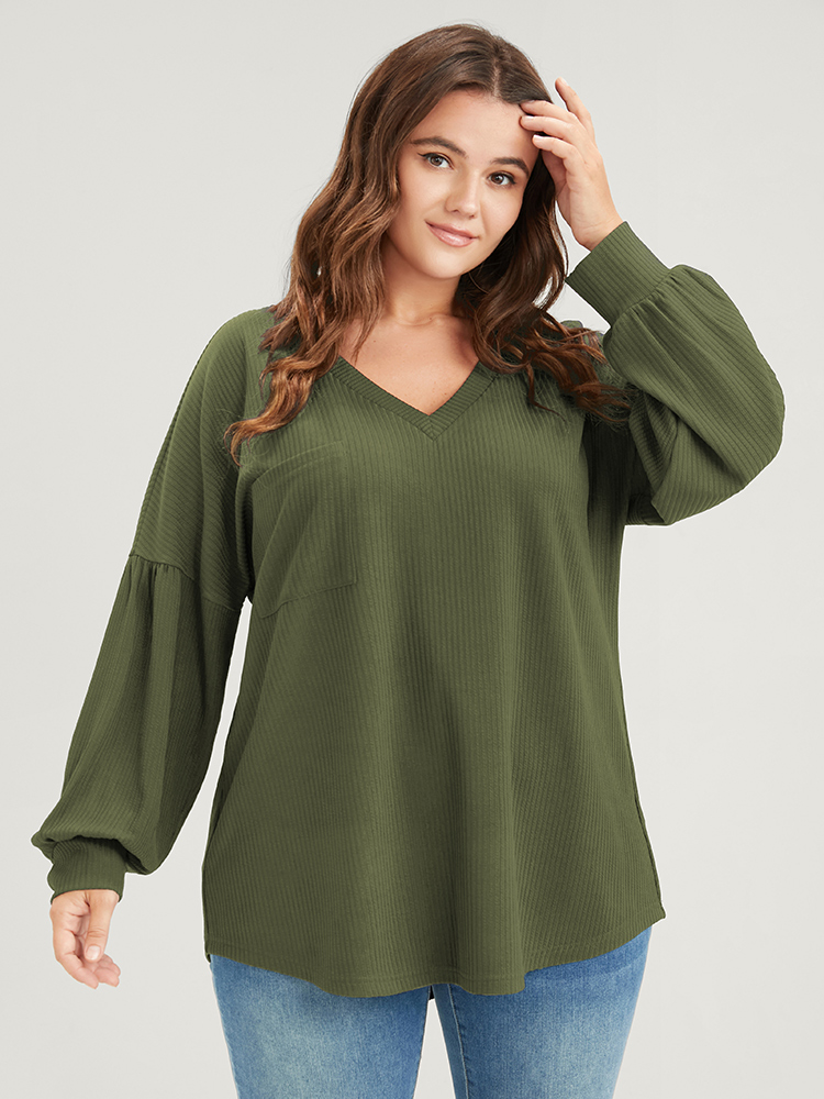 

Plus Size Solid Drop Shoulder Pocket Arc Hem Rib Knit Sweatshirt Women ArmyGreen Elegant Plain V-neck Dailywear Sweatshirts BloomChic