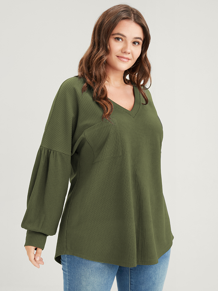 

Plus Size Solid Drop Shoulder Pocket Arc Hem Rib Knit Sweatshirt Women ArmyGreen Elegant Plain V-neck Dailywear Sweatshirts BloomChic