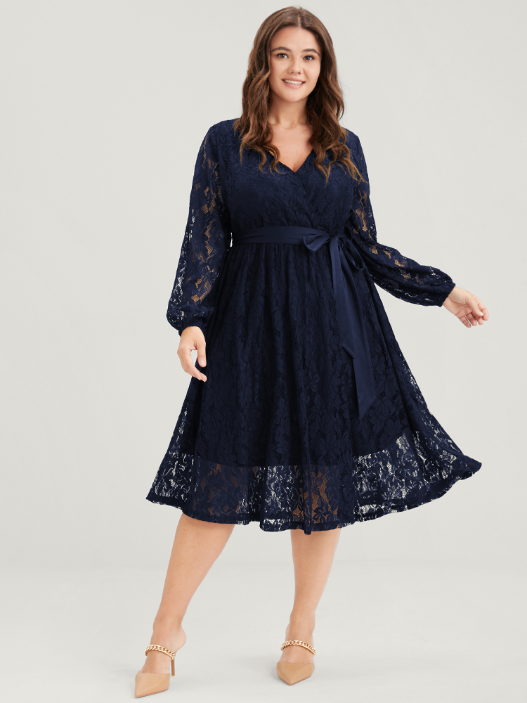 

Embroidered Elegant Plus Size Women Going out Plain Midi Dress Ties Slightly Stretchy Lantern Sleeve Long Sleeve V Neck Belt Glamour Dresses BloomChic, Darkblue