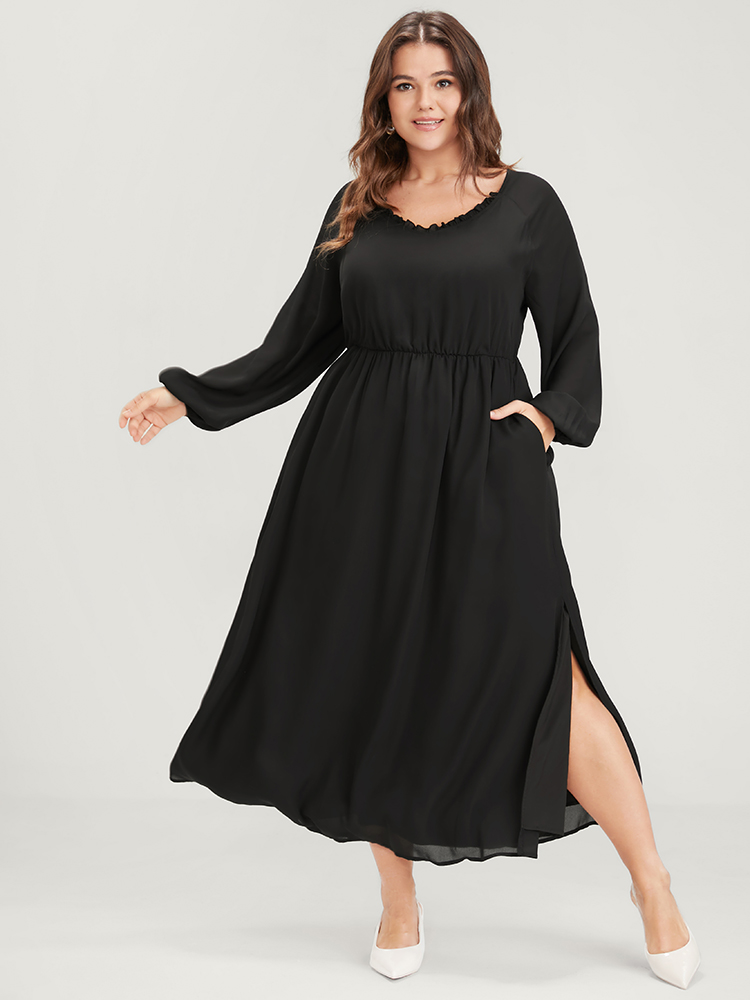 Plus Size Women Dailywear Plain Elastic Waist Lantern Sleeve Long Sleeve V-neck Pocket Elegant Dresses BloomChic 