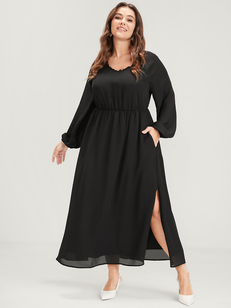 Plus Size Women Dailywear Plain Elastic Waist Lantern Sleeve Long Sleeve V-neck Pocket Elegant Dresses BloomChic 