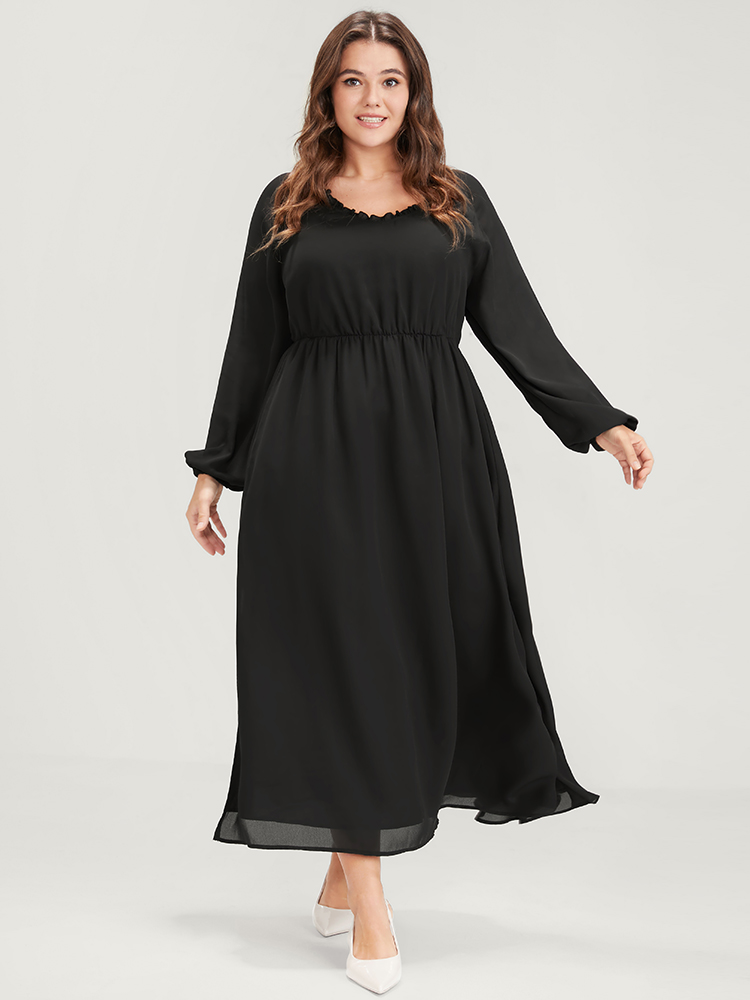 

Plus Size Plain Lantern Sleeve Pocket Ruffle Trim V Neck Split Dress Black Women Elegant Elastic Waist V-neck Long Sleeve Curvy Midi Dress BloomChic