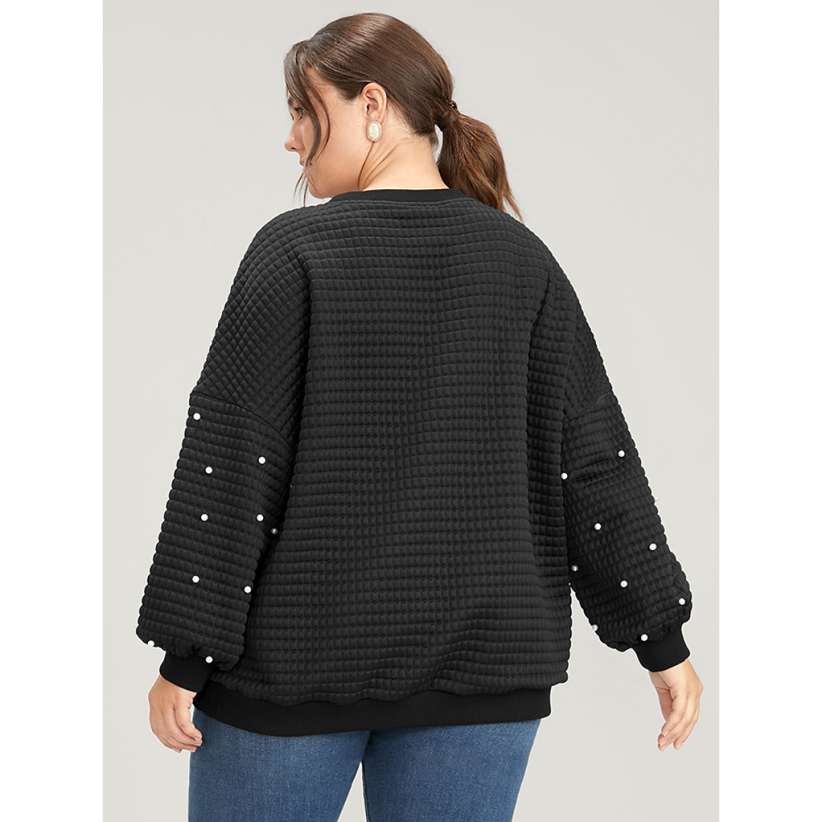 

Plus Size Solid Texture Pearls Beaded Sweatshirt Women Black Party Beaded Round Neck Going out Sweatshirts BloomChic
