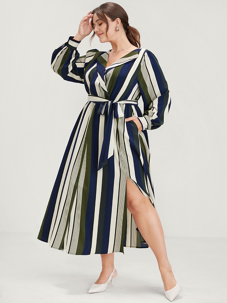 

Plus Size Striped Pocket Split Belted Lapel Collar Midi Dress ArmyGreen Women Office Pocket Lapel Collar Long Sleeve Curvy Midi Dress BloomChic