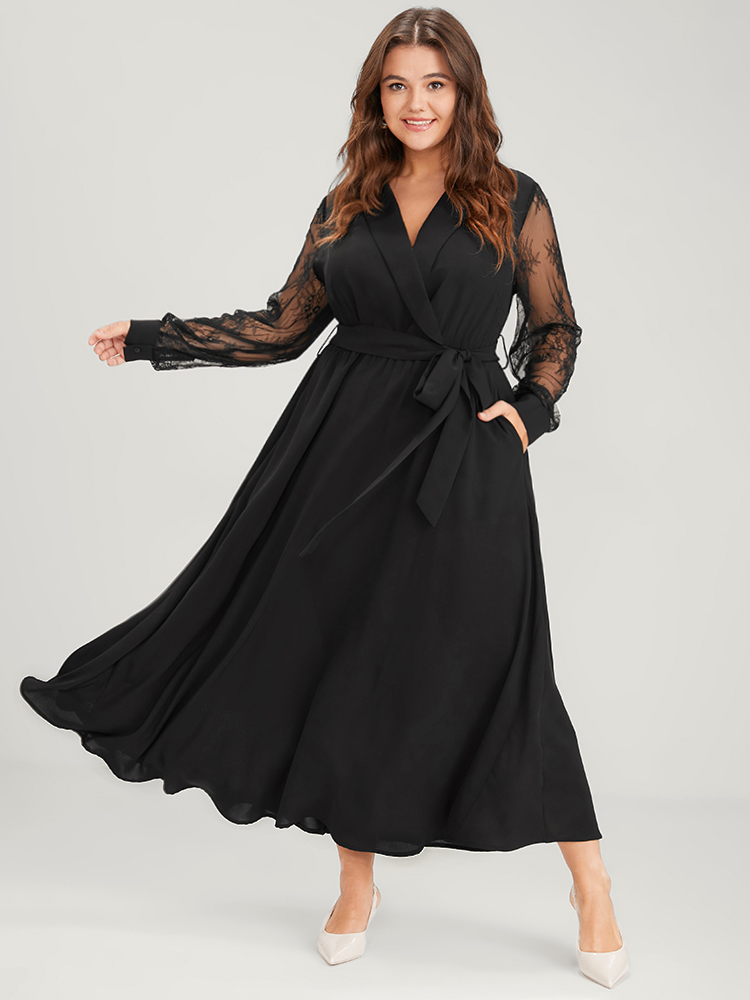 

Plus Size Solid Lace Lantern Sleeve Button Lapel Collar Belted Maxi Dress Black Women Elegant Cross straps Lapel Collar Long Sleeve Curvy Long Dress BloomChic