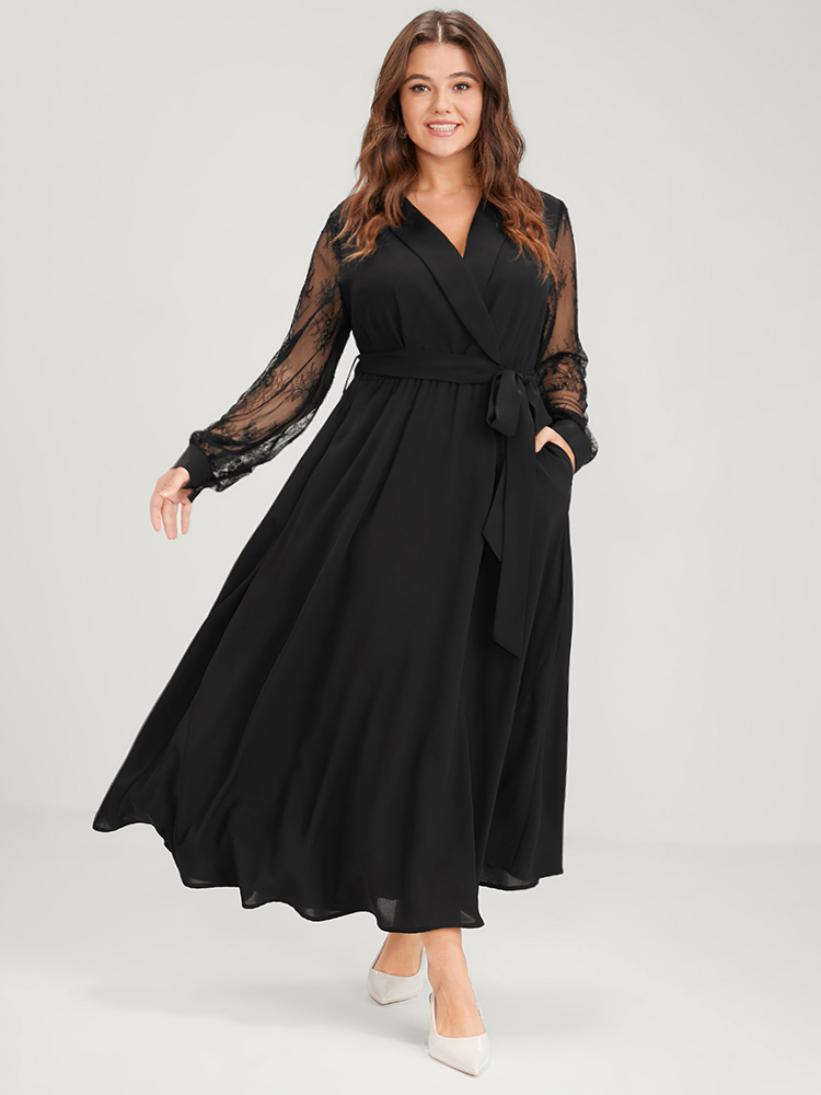 Plus Size Solid Lace Lantern Sleeve Button Lapel Collar Belted Maxi Dress Black Women Elegant Cross straps Lapel Collar Long Sleeve Curvy Long Dress BloomChic 18-20/2X 