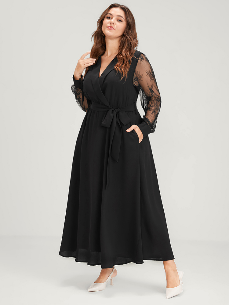 Plus Size Solid Lace Lantern Sleeve Button Lapel Collar Belted Maxi Dress Black Women Elegant Cross straps Lapel Collar Long Sleeve Curvy Long Dress BloomChic 18-20/2X 