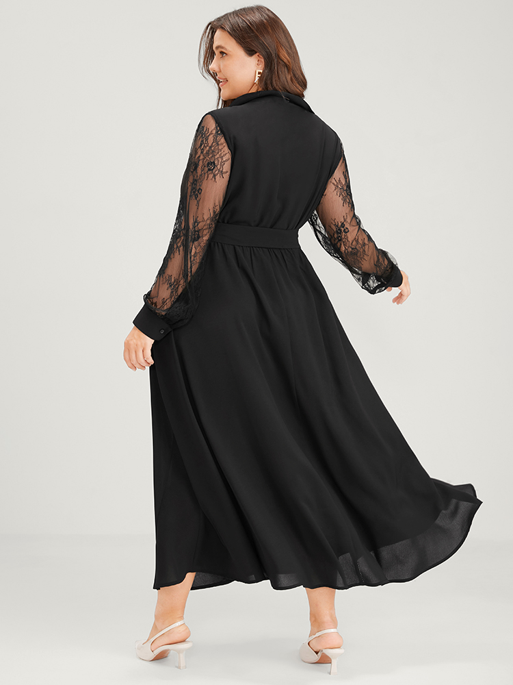 

Plus Size Solid Lace Lantern Sleeve Button Lapel Collar Belted Maxi Dress Black Women Elegant Cross straps Lapel Collar Long Sleeve Curvy Long Dress BloomChic