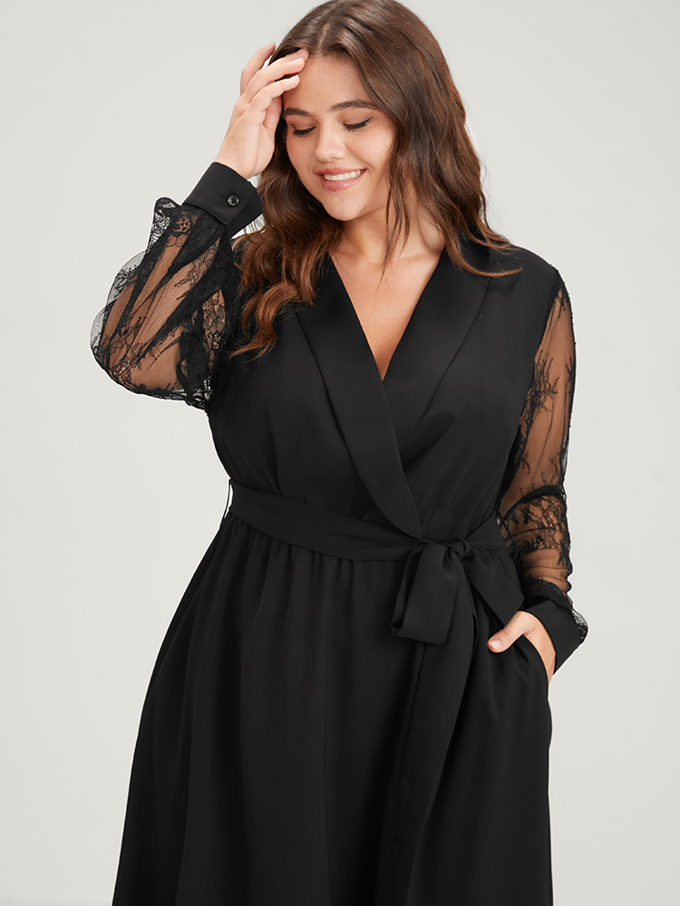 Plus Size Solid Lace Lantern Sleeve Button Lapel Collar Belted Maxi Dress Black Women Elegant Cross straps Lapel Collar Long Sleeve Curvy Long Dress BloomChic 18-20/2X 