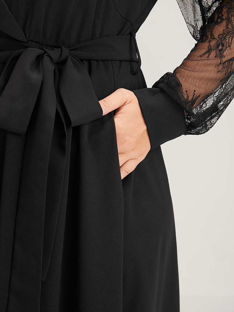 Plus Size Solid Lace Lantern Sleeve Button Lapel Collar Belted Maxi Dress Black Women Elegant Cross straps Lapel Collar Long Sleeve Curvy Long Dress BloomChic 18-20/2X 