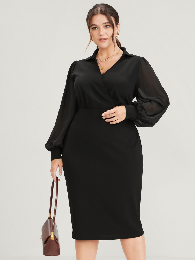 

Plus Size Solid Mesh Lantern Sleeve Button Wrap Knee Dress Black Women Office Patchwork Lapel Collar Long Sleeve Curvy Knee Dress BloomChic