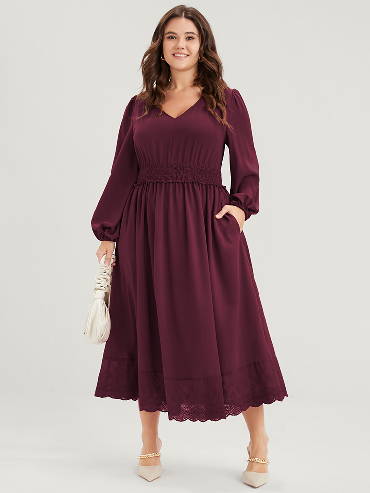 

Plus Size Solid Pocket Lantern Sleeve Patchwork Ruffled Shirred Dress Burgundy Women Elegant Plain V-neck Long Sleeve Curvy Midi Dress BloomChic