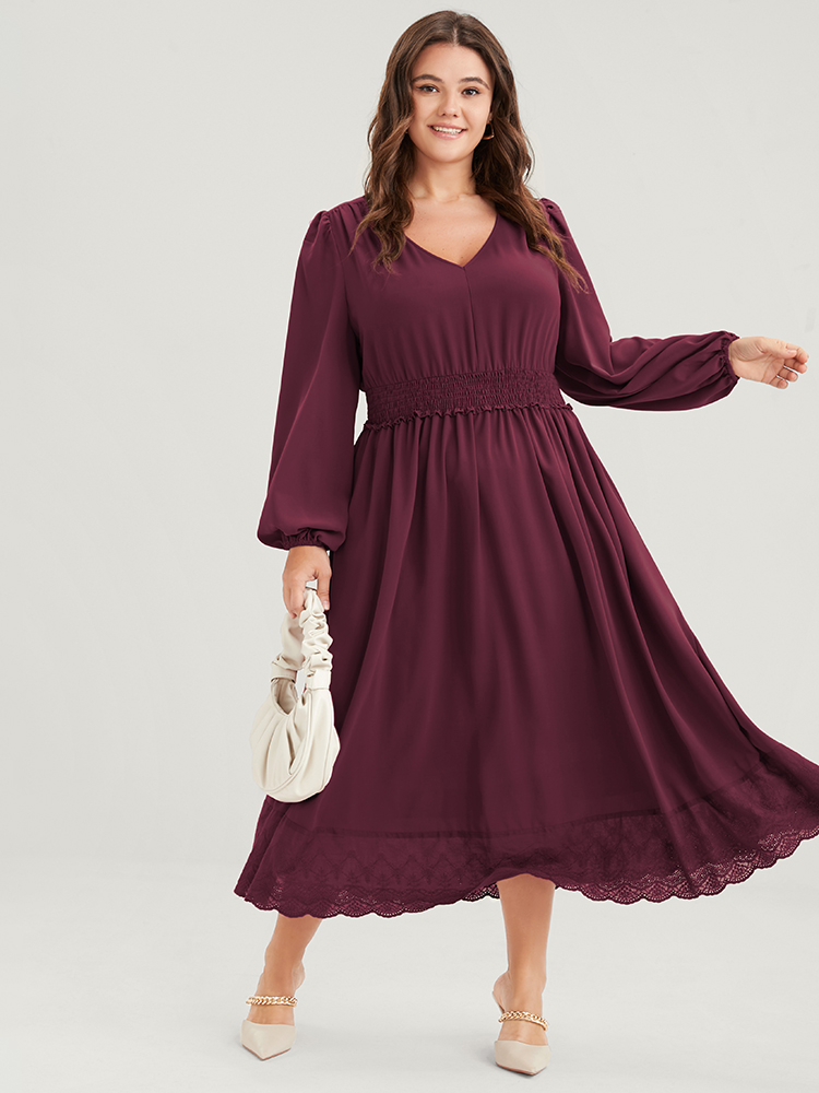 

Plus Size Solid Pocket Lantern Sleeve Patchwork Ruffled Shirred Dress Burgundy Women Elegant Plain V-neck Long Sleeve Curvy Midi Dress BloomChic