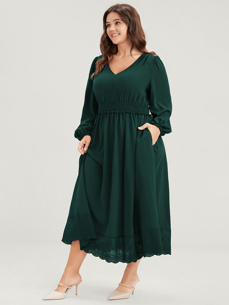 

Plus Size Solid Pocket Lantern Sleeve Patchwork Ruffled Shirred Dress DarkGreen Women Elegant Plain V-neck Long Sleeve Curvy Midi Dress BloomChic