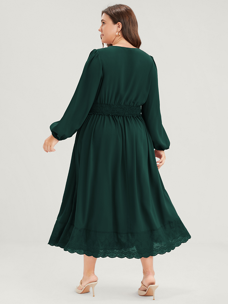 Plus Size Solid Pocket Lantern Sleeve Patchwork Ruffled Shirred Dress DarkGreen Women Elegant Plain V-neck Long Sleeve Curvy Midi Dress BloomChic 10/M 
