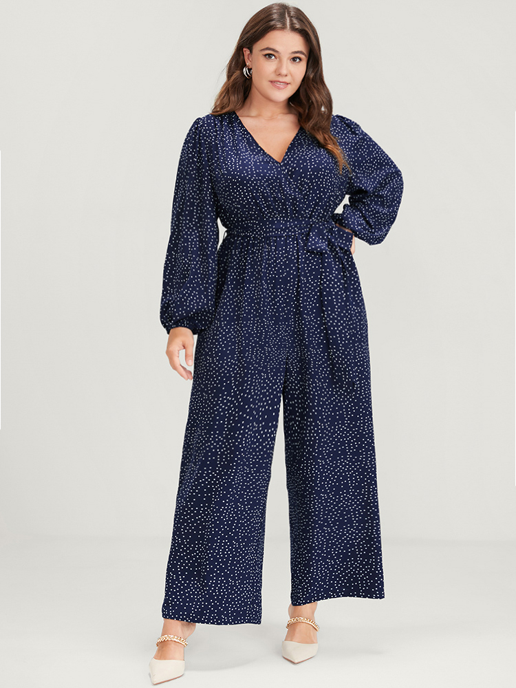 

Plus Size DarkBlue Polka Dot Belted Lantern Sleeve Pocket Button Wrap Jumpsuit Women Elegant Long Sleeve V-neck Dailywear Loose Jumpsuits BloomChic