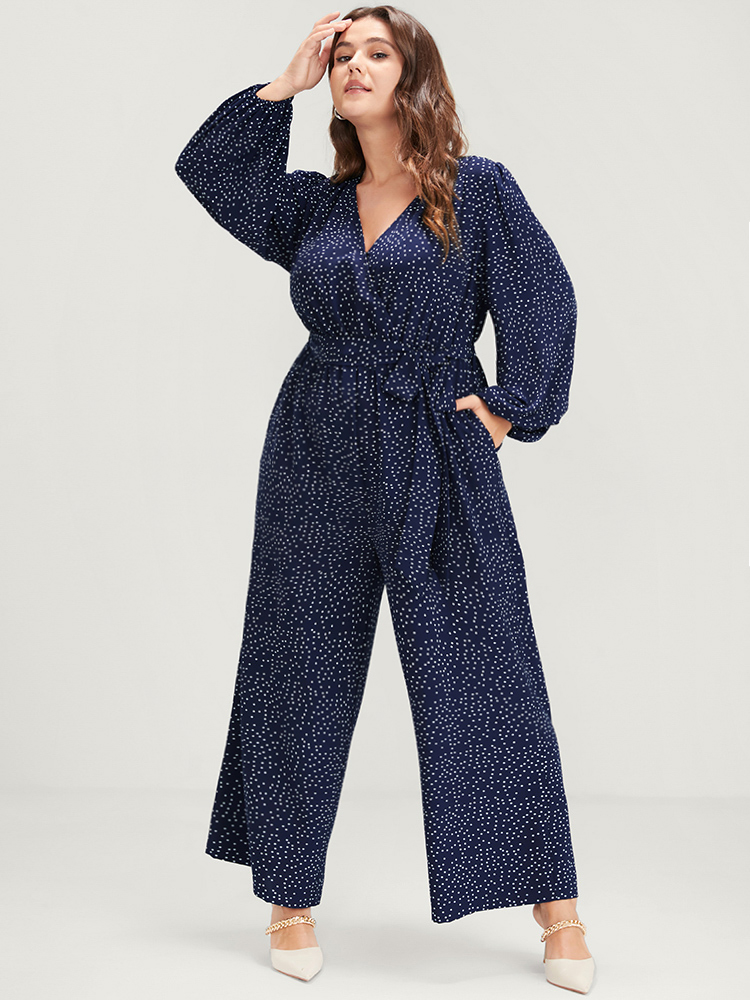 Plus Size Women Dailywear Polka Dot Elastic Waist Regular Pocket Belt Elegant Jumpsuits BloomChic 