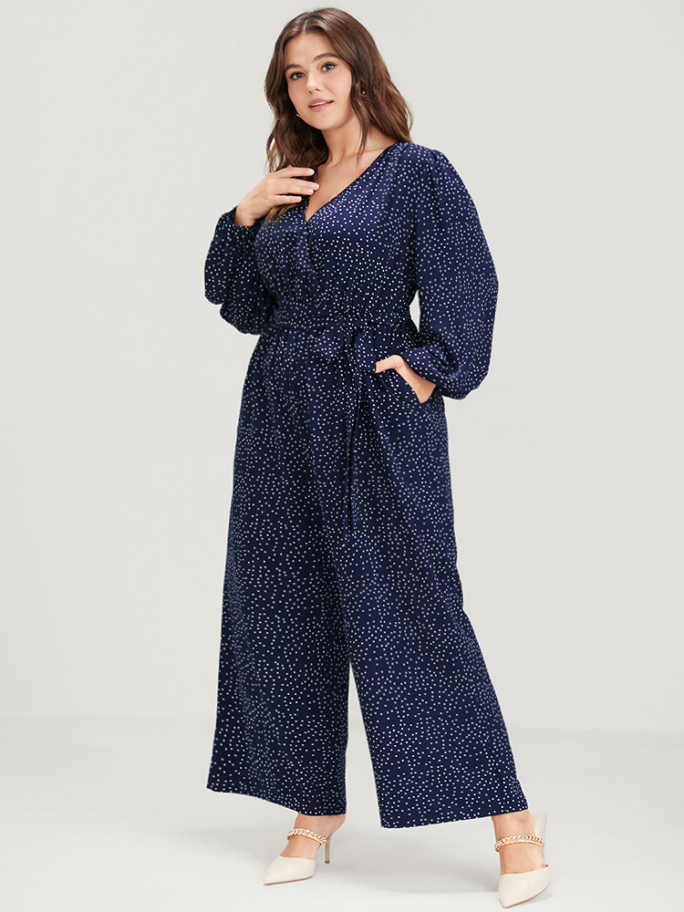 Plus Size Women Dailywear Polka Dot Elastic Waist Regular Pocket Belt Elegant Jumpsuits BloomChic 