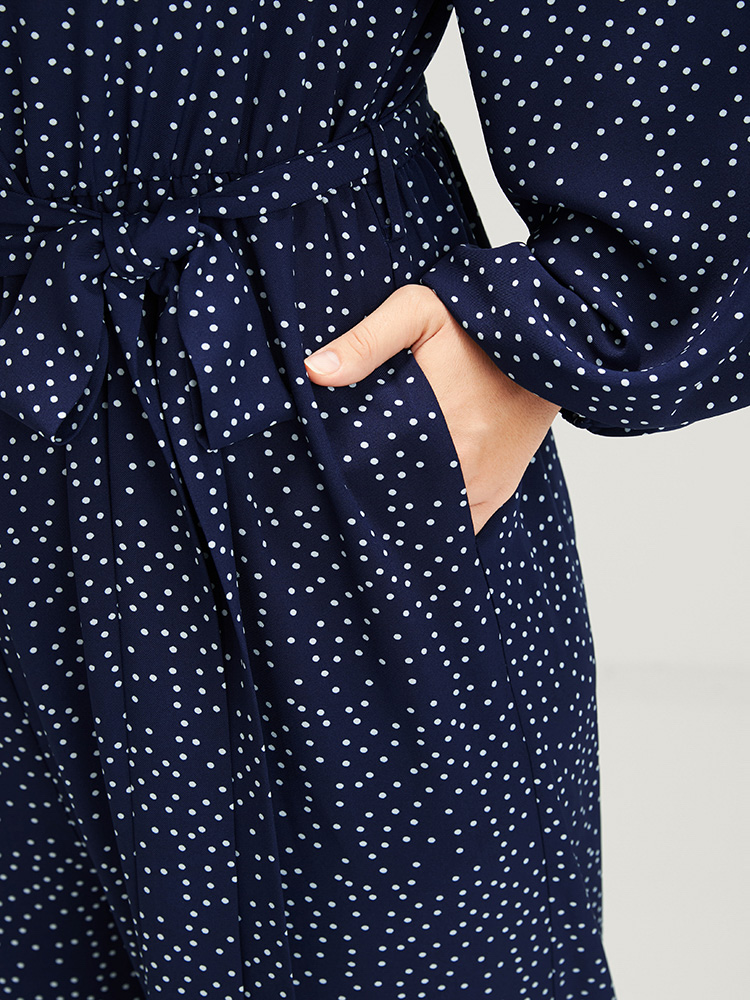 Plus Size Women Dailywear Polka Dot Elastic Waist Regular Pocket Belt Elegant Jumpsuits BloomChic 