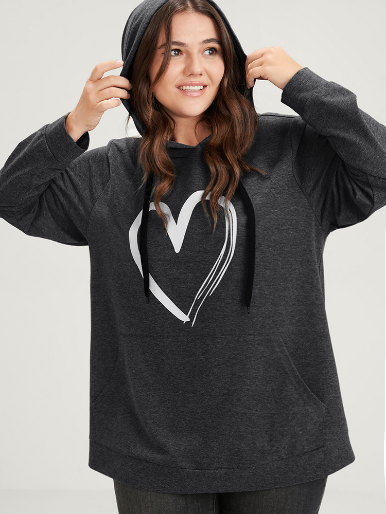 

Plus Size Heart Print Drop Shoulder Pocket Drawstring Hooded Sweatshirt Women DarkGray Casual Plain Hooded Dailywear Sweatshirts BloomChic