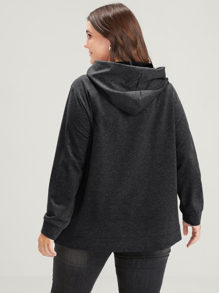 Plus Size Heart Print Drop Shoulder Pocket Drawstring Hooded Sweatshirt Women DarkGray Casual Plain Hooded Dailywear Sweatshirts BloomChic 28/5X 
