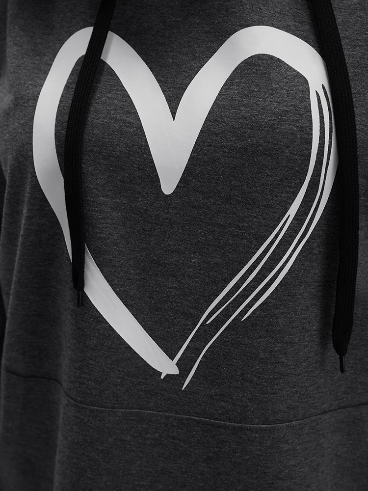 Plus Size Heart Print Drop Shoulder Pocket Drawstring Hooded Sweatshirt Women DarkGray Casual Plain Hooded Dailywear Sweatshirts BloomChic 28/5X 