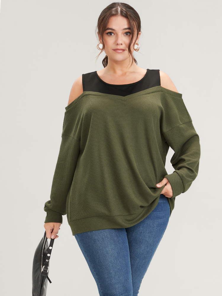 

Plus Size Colorblock Contrast Waffle Knit Cold Shoulder Sweatshirt Women ArmyGreen Elegant Plain Cold Shoulder Dailywear Sweatshirts BloomChic