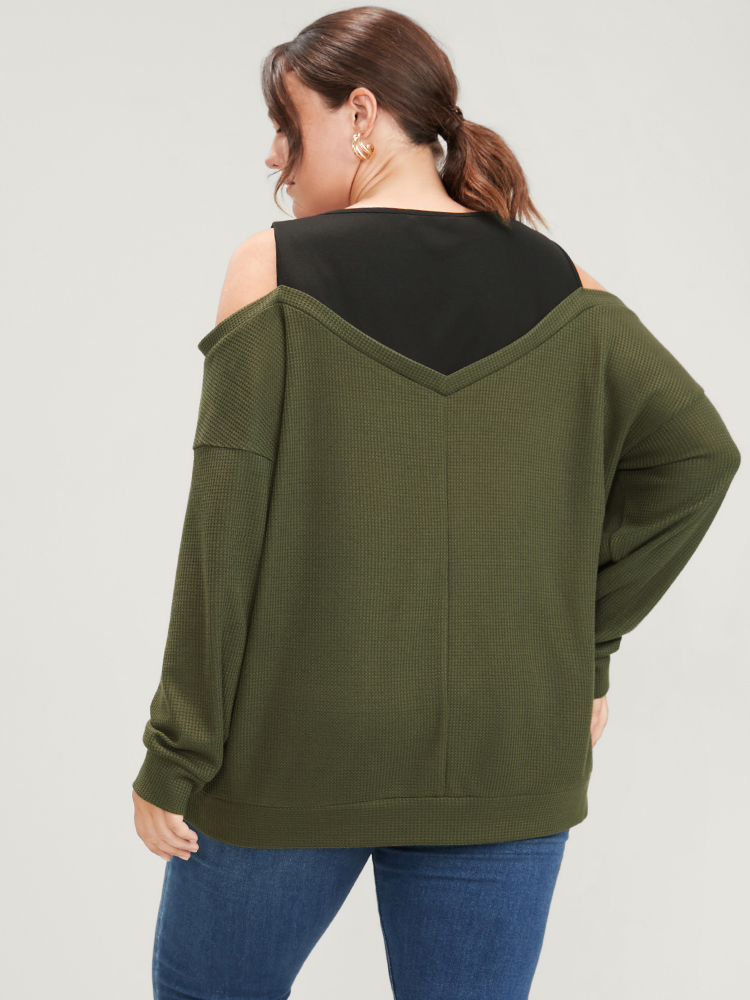 

Plus Size Colorblock Contrast Waffle Knit Cold Shoulder Sweatshirt Women ArmyGreen Elegant Plain Cold Shoulder Dailywear Sweatshirts BloomChic