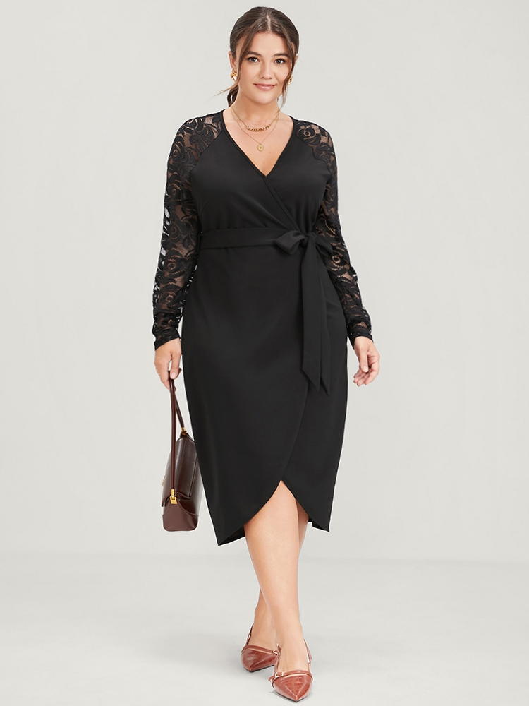 

Plus Size Solid Button Eyelet Lace Belted Wrap Knee Dress Black Women Elegant Cross straps V-neck Long Sleeve Curvy Midi Dress BloomChic