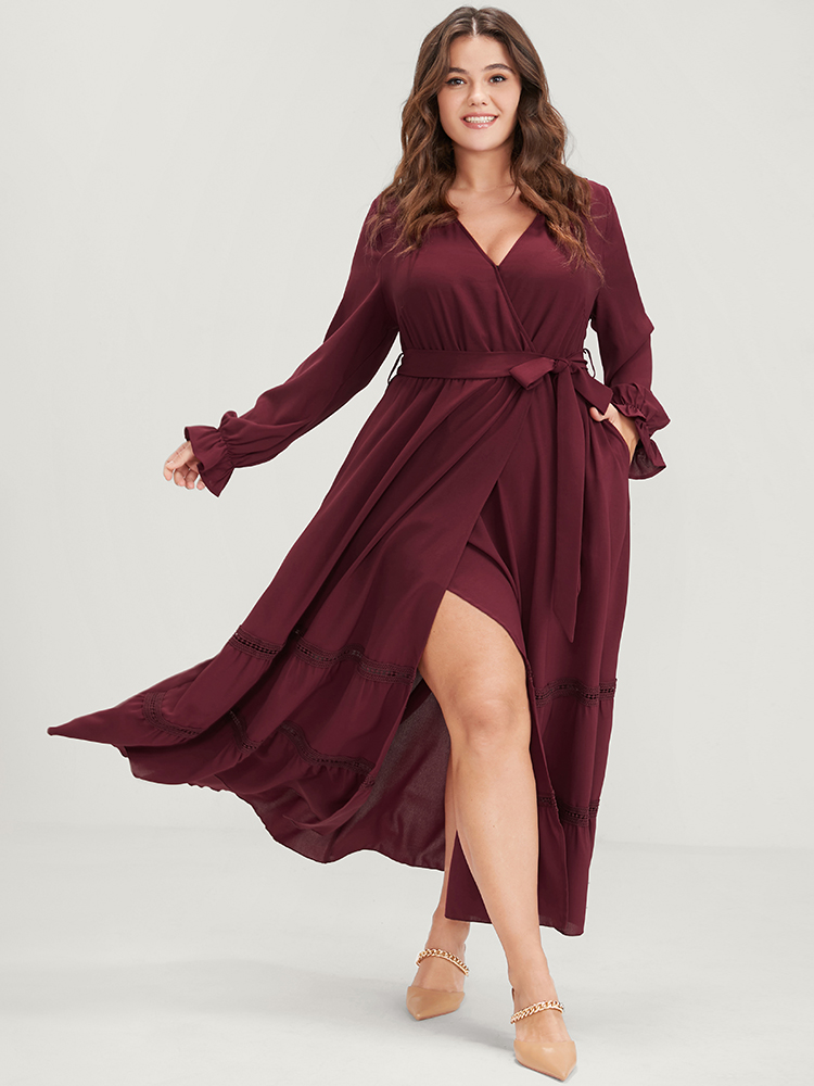 

Plus Size Solid Lantern Sleeve Crochet Lace Button Ties Belted Maxi Dress Burgundy Women Elegant Plain V-neck Long Sleeve Curvy Long Dress BloomChic