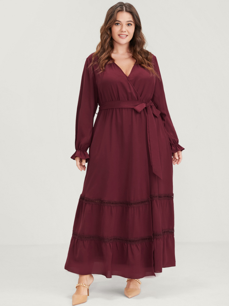 Plus Size Solid Lantern Sleeve Crochet Lace Button Ties Belted Maxi Dress Burgundy Women Elegant Plain V-neck Long Sleeve Curvy Long Dress BloomChic 22-24/3X 