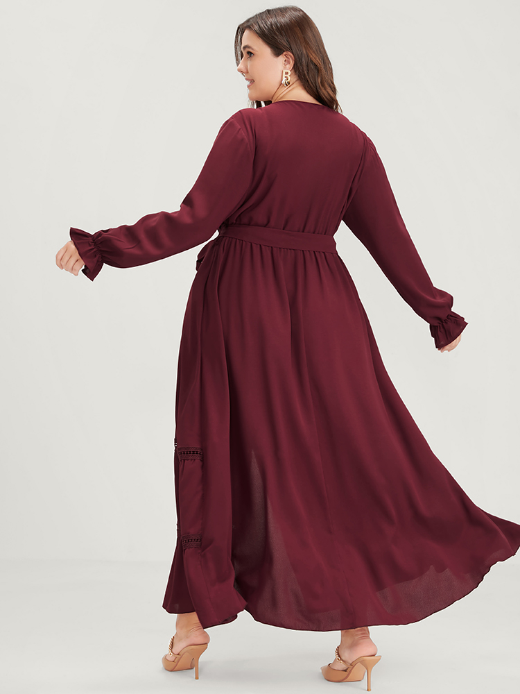 

Plus Size Solid Lantern Sleeve Crochet Lace Button Ties Belted Maxi Dress Burgundy Women Elegant Plain V-neck Long Sleeve Curvy Long Dress BloomChic