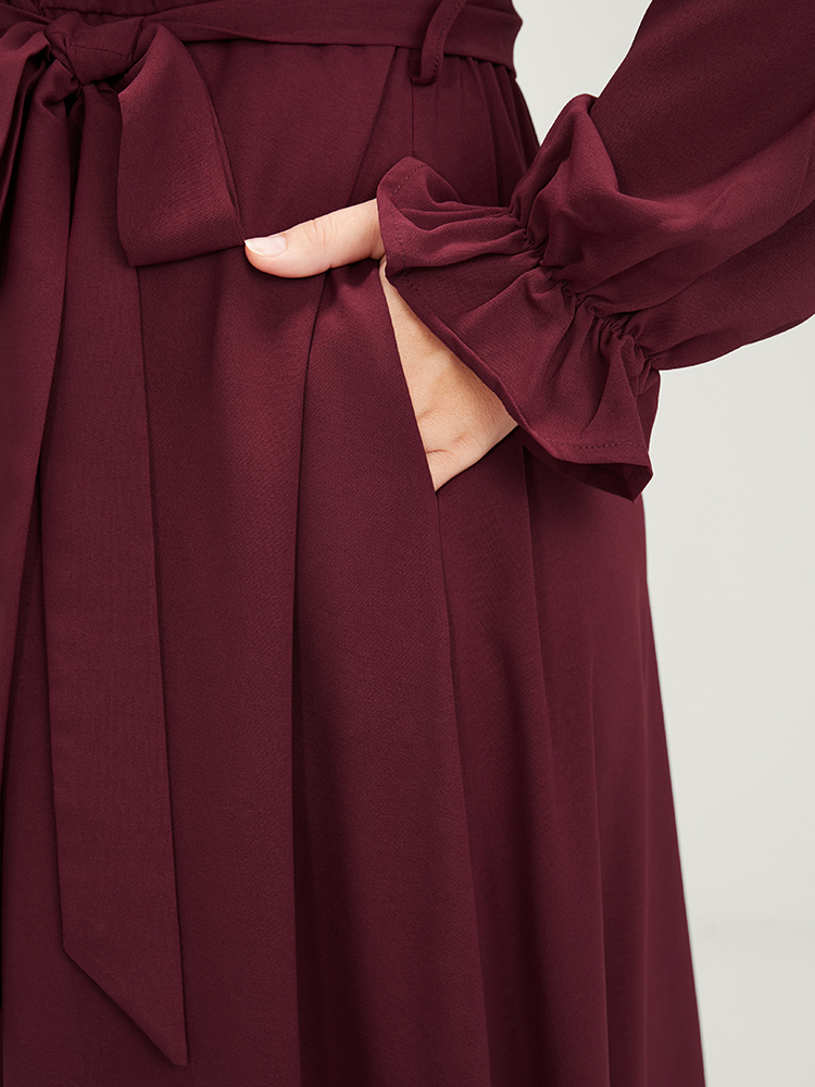 Plus Size Solid Lantern Sleeve Crochet Lace Button Ties Belted Maxi Dress Burgundy Women Elegant Plain V-neck Long Sleeve Curvy Long Dress BloomChic 22-24/3X 