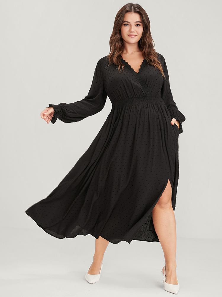 

Plus Size Polka Dot Pocket Lantern Sleeve Lace Trim Shirred Dress Black Women Elegant Cross straps V-neck Long Sleeve Curvy Long Dress BloomChic