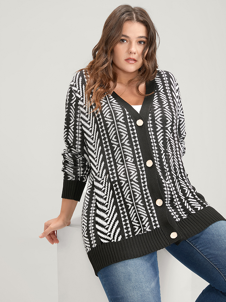 

Plus Size Bandana Geometric Pointelle Knit Contrast Button Front Cardigan Black Women Casual Loose Long Sleeve Dailywear Cardigans BloomChic