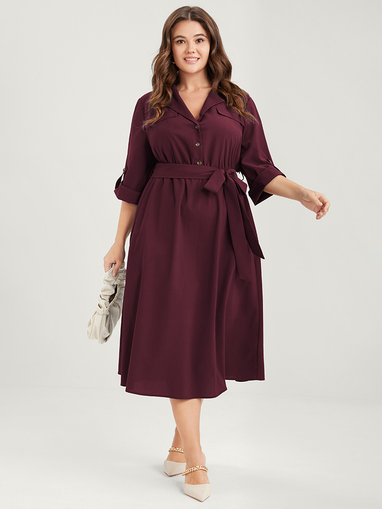 

Plus Size Plain Button Cuffed Sleeve Pocket Belted Lapel Collar Dress Burgundy Women Office Belted Lapel Collar Elbow-length sleeve Curvy Midi Dress BloomChic