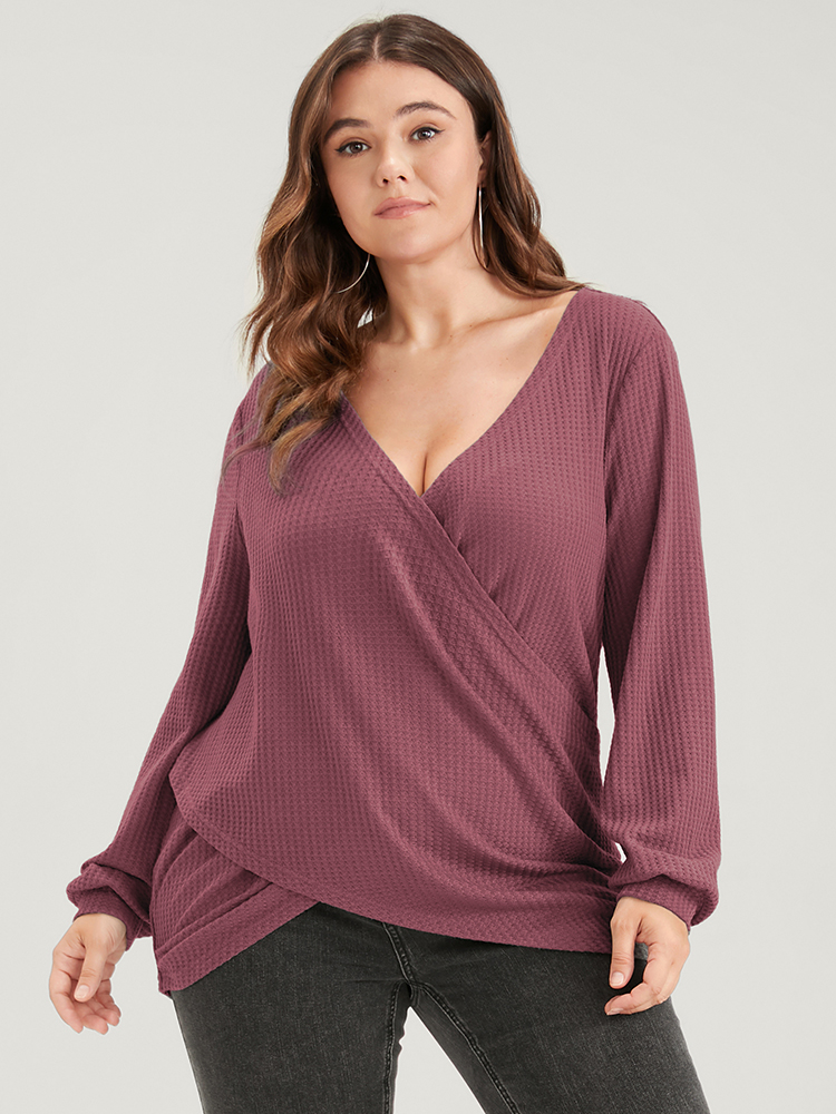 

Plus Size Solid Crossover Hem Waffle Knit Long Tee DustyPink V-neck Long Sleeve Elegant Jersey Tops