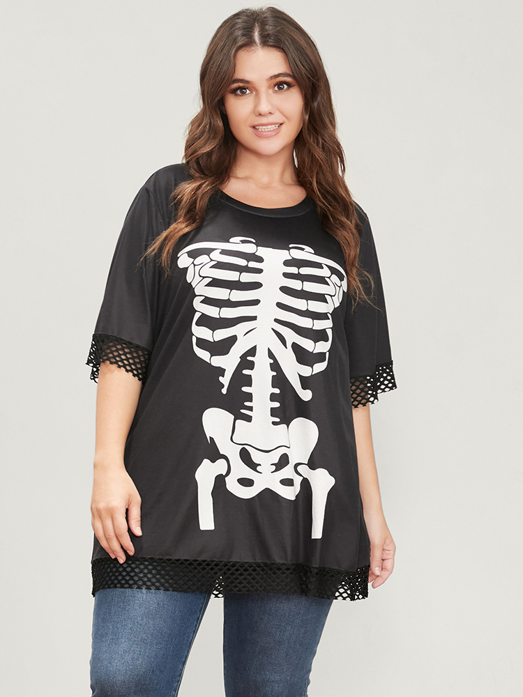 

Plus Size Halloween Skeleton Print Fishnet Patch T-shirt Black Women Casual Printed Graphic-Halloween Round Neck Dailywear T-shirts BloomChic