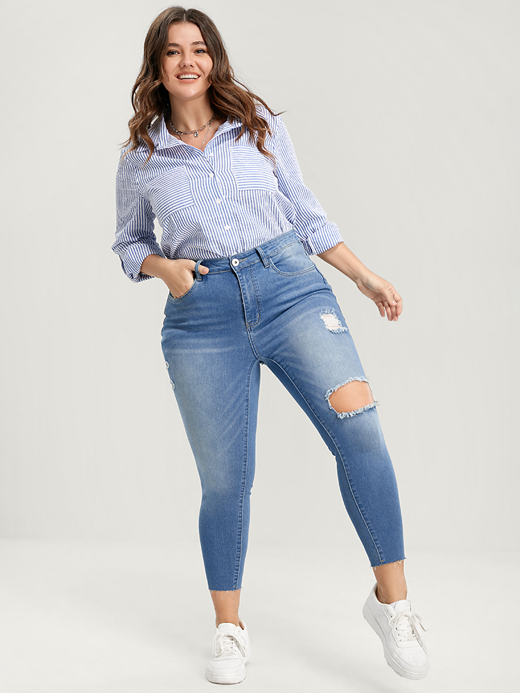 

Plus Size Skinny Very Stretchy High Rise Medium Wash Distressed Jeans Women LightBlue Casual Plain High stretch Pocket Jeans BloomChic