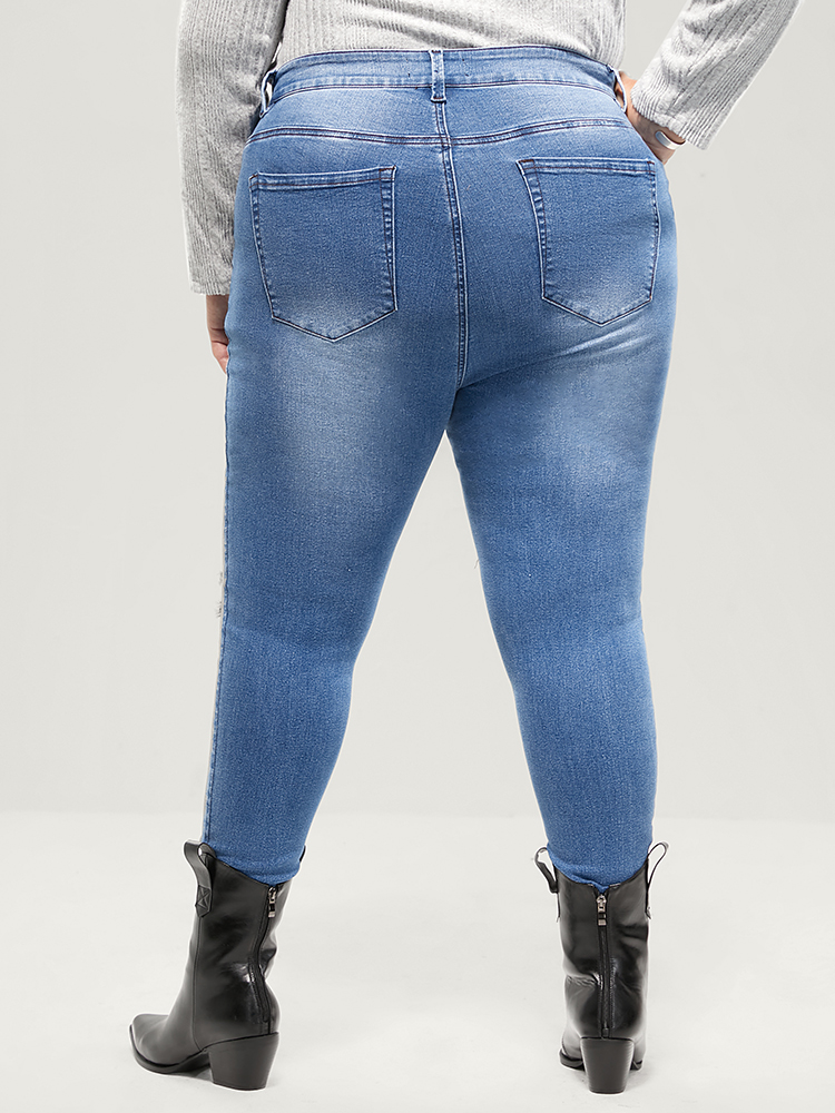 

Plus Size Skinny Very Stretchy High Rise Asymmetrical Distressed Jeans Women Blue Casual Plain High stretch Pocket Jeans BloomChic