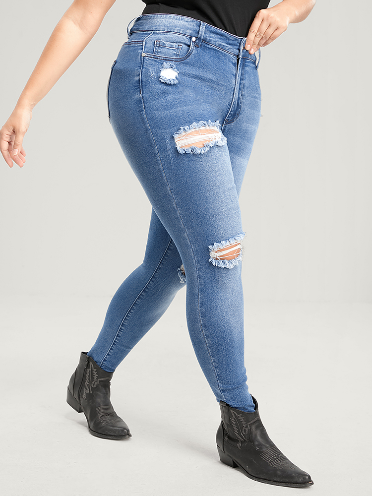 

Plus Size Skinny Very Stretchy High Rise Asymmetrical Distressed Jeans Women Blue Casual Plain High stretch Pocket Jeans BloomChic